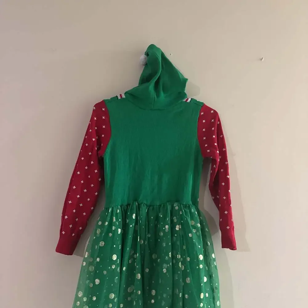 Girls' Holiday Elf Hoodie Dress with Tulle Skirt, Size M Christmas Green & Red